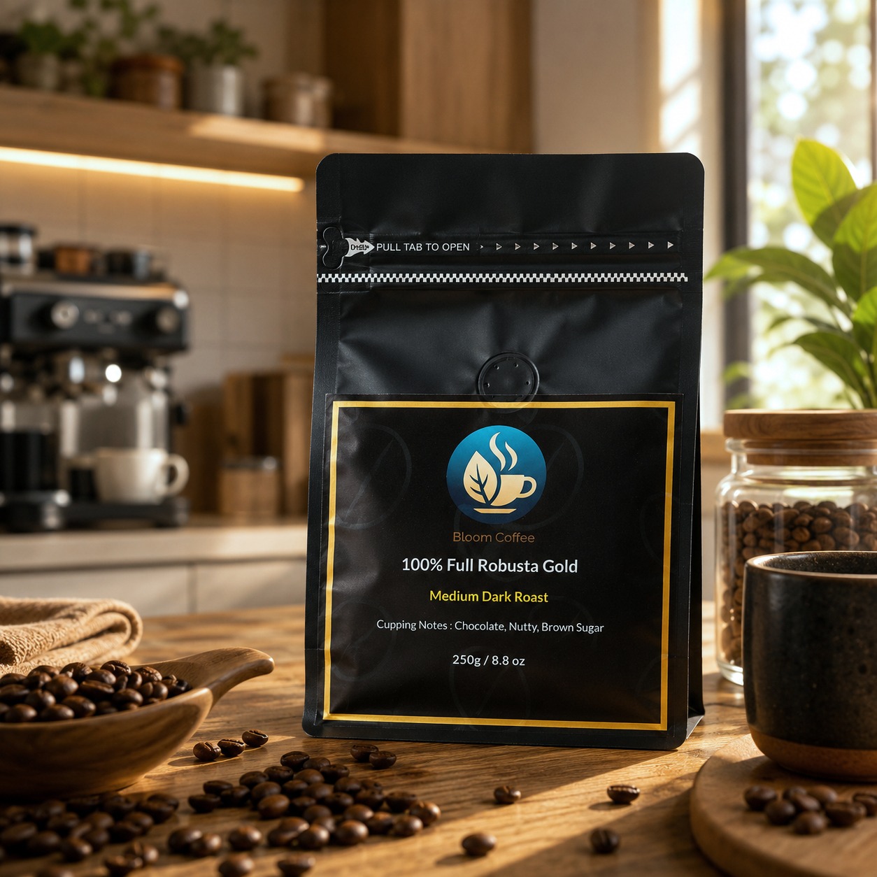 Bloom Coffee 100% Full Robusta Gold bag, medium-dark roast